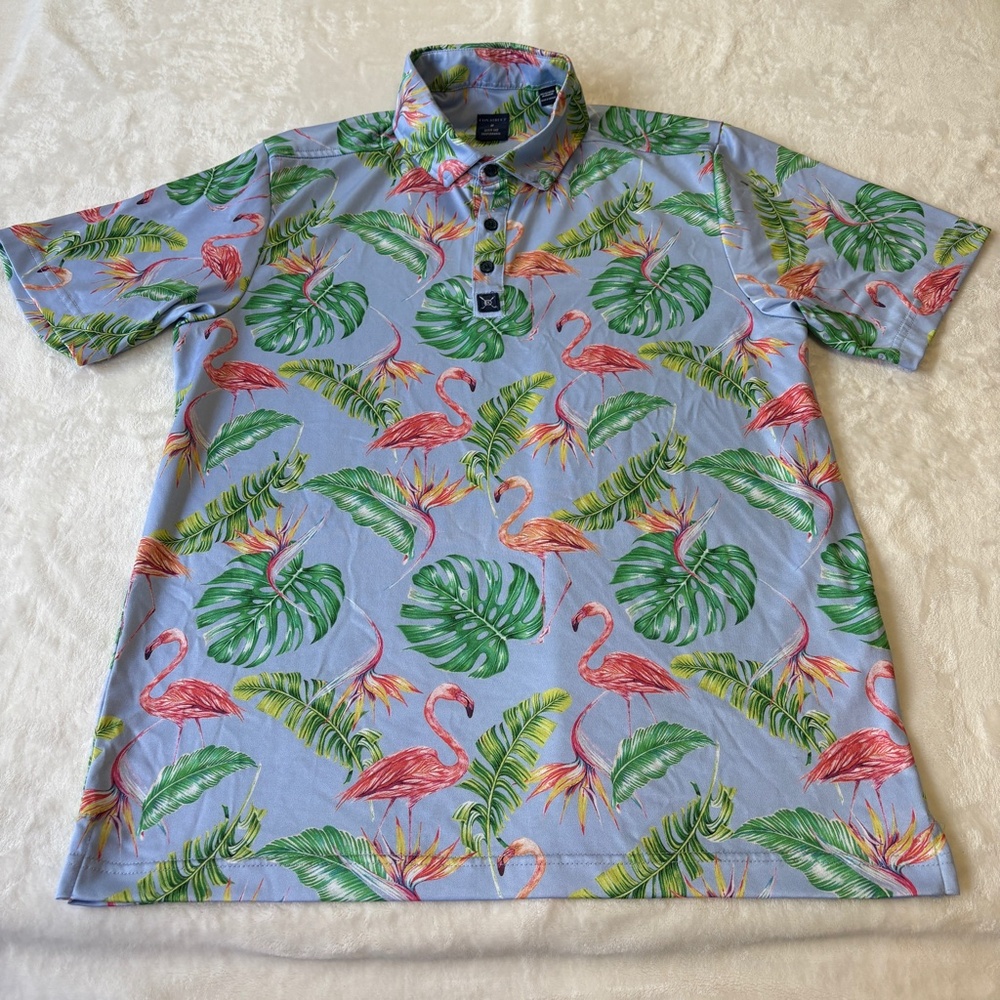 Construct Golf Quick Dry Polo Shirt Mens Size M Tropical Flamingo AOP